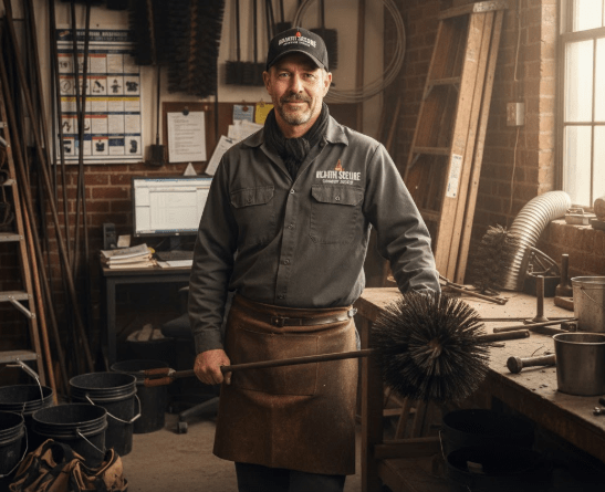 Professional chimney sweep technician in workshop